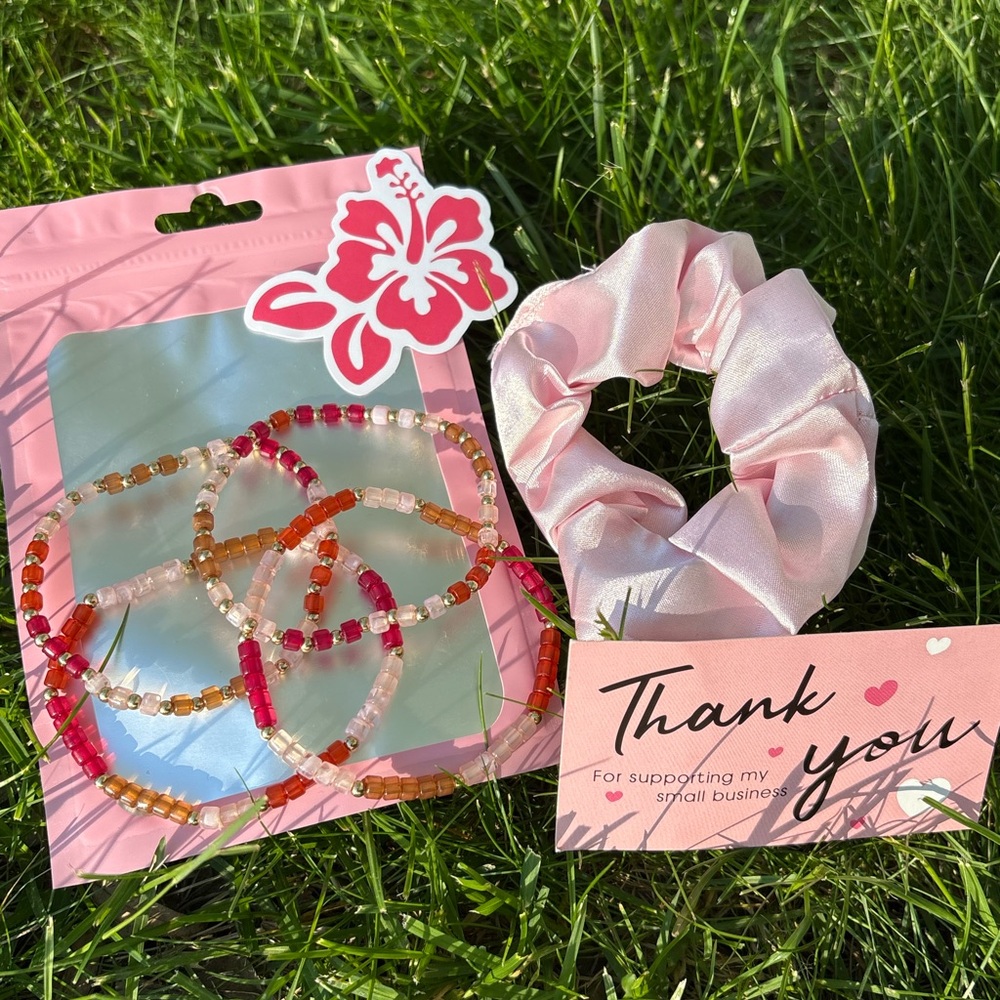 Pink Satin Scrunchie and Beaded Bracelet Set